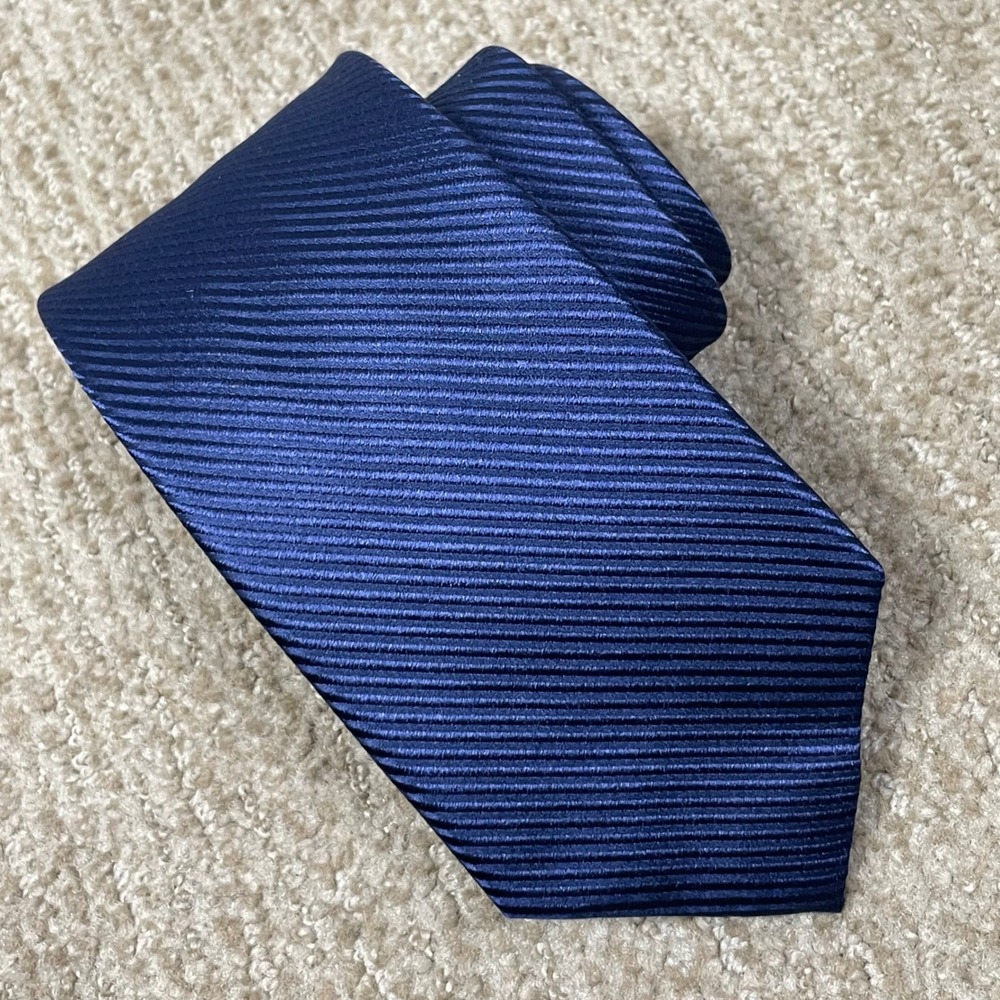 Pronto Uomo Necktie Mens Long Navy Blue Ribbed Textured 100% Silk Formal Tie